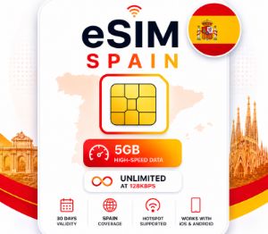 eSIM Spain - 5GB High-Speed, Then Unlimited Data at 128kbps (valid for 30 Days)