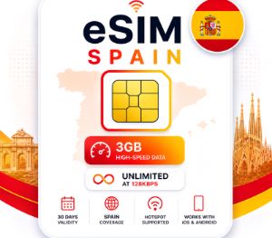 eSIM Spain - 3GB High-Speed, Then Unlimited Data at 128kbps (valid for 30 Days)