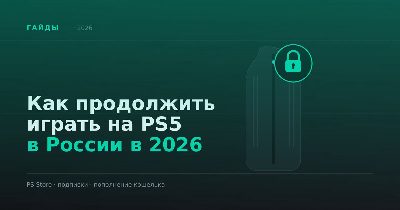 Тёмно-зелёная обложка «Как продолжить играть на PS5 в России в 2026» с силуэтом консоли и иконкой замка