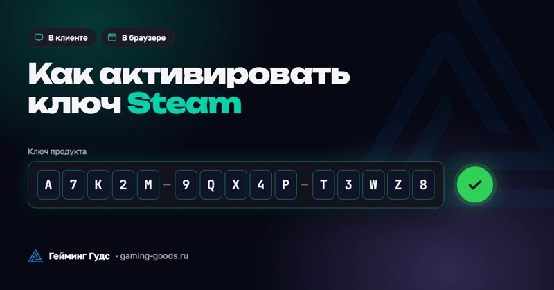 Обложка «Как активировать ключ Steam» с полем ввода кода и галочкой активации