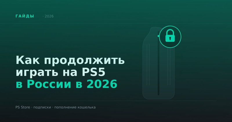 Тёмно-зелёная обложка «Как продолжить играть на PS5 в России в 2026» с силуэтом консоли и иконкой замка