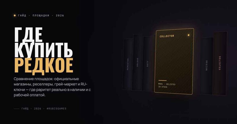 Тёмная обложка «Где купить редкое»: золотая коллекционная карточка среди полок с изданиями remaster, deluxe, GOTY и delisted