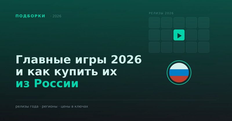 Тёмно-зелёная обложка «Главные игры 2026 и как купить их из России» с кнопкой play и флагом России